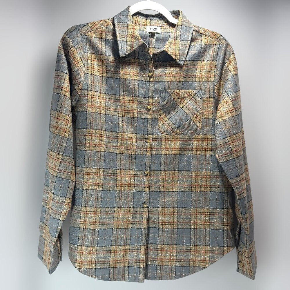 BKE Metallic Gray Plaid Button Down Shirt XS NWT